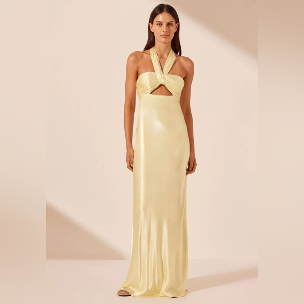 Shona Joy Lemon Ruched Halter Maxi Dress